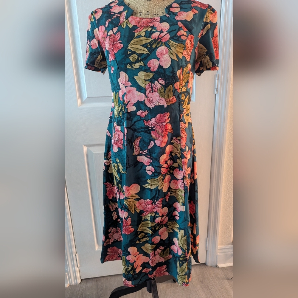 Pink and Orange Puff Sleeve Midi Sundress for Wedding Guest